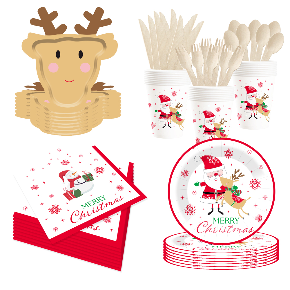 DAMAI Christmas Party Supplies Santa Claus and Reindeer Paper Plates Napkins Xmas Gnome Party Tableware Set Decorations