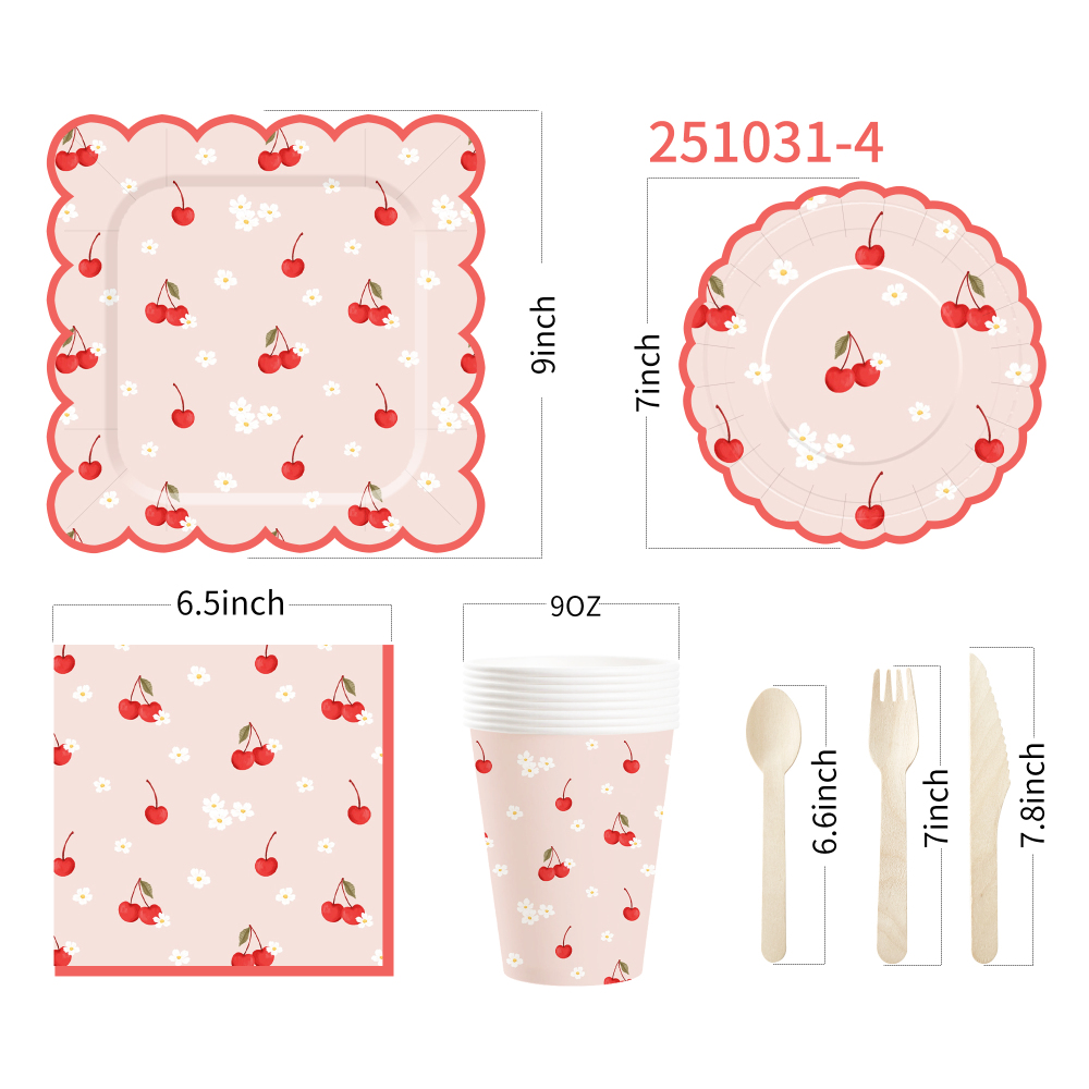 DAMAI New Customized Design Fruit Theme Pink Disposable Dessert Dinner Paper Plates Cups Napkin with Cherry Tableware Set