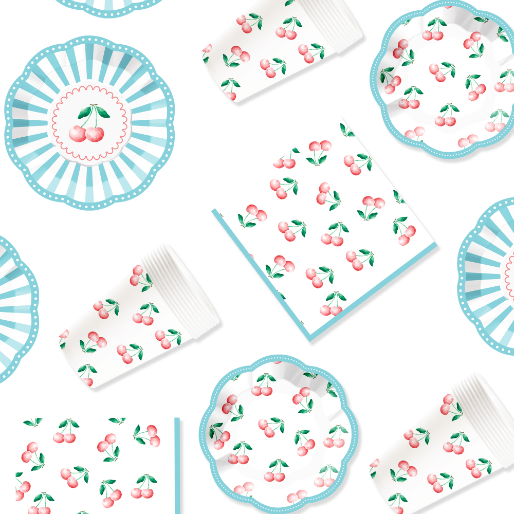 DAMAI New Customized Design Fruit Theme Blue Disposable Dessert Dinner Paper Plates Cups Napkin with Cherry Tableware Set