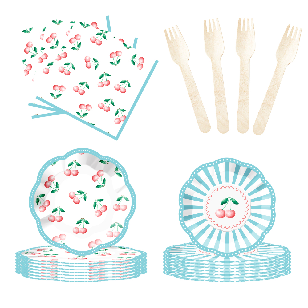 DAMAI New Customized Design Fruit Theme Blue Disposable Dessert Dinner Paper Plates Cups Napkin with Cherry Tableware Set