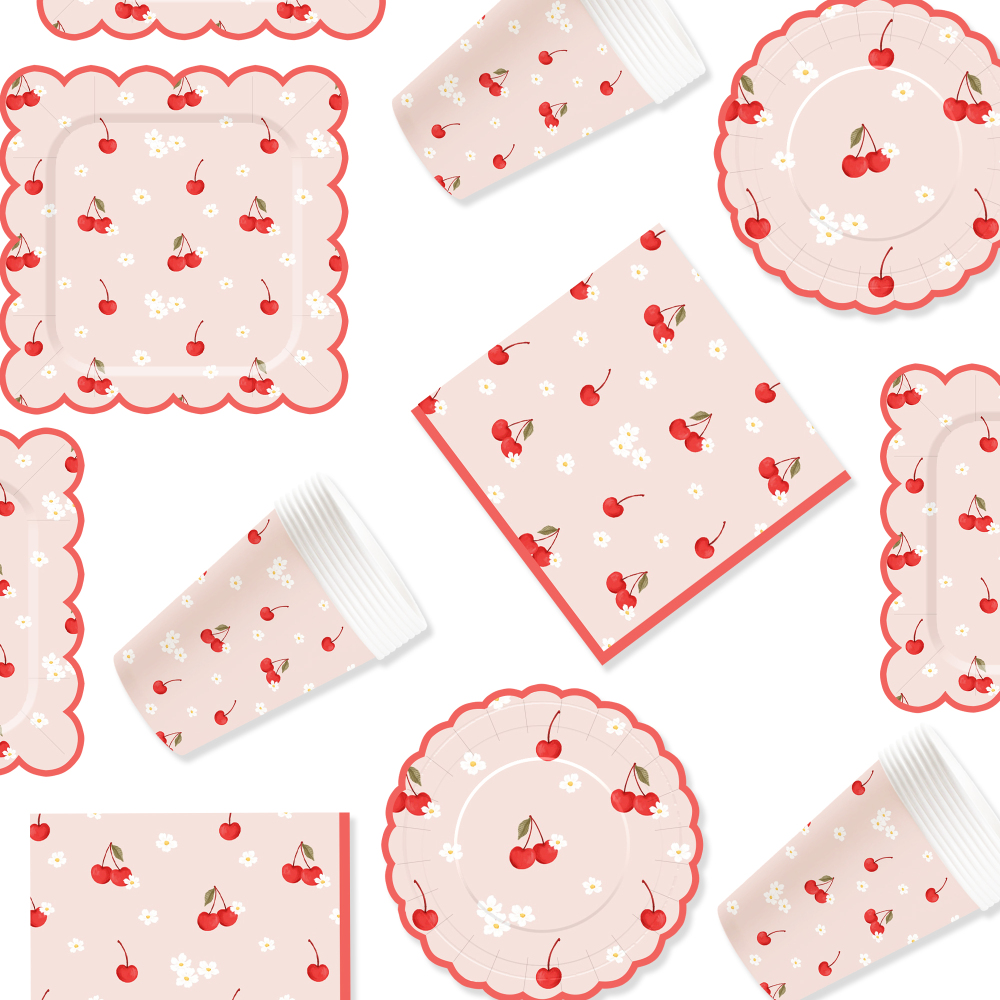 DAMAI New Customized Design Fruit Theme Pink Disposable Dessert Dinner Paper Plates Cups Napkin with Cherry Tableware Set
