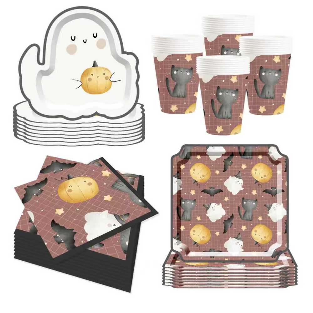 DAMAI Halloween Party Supplies Halloween Paper Plates Cups Napkins Party Disposable Tableware Set Birthday Favor for 8 Guests
