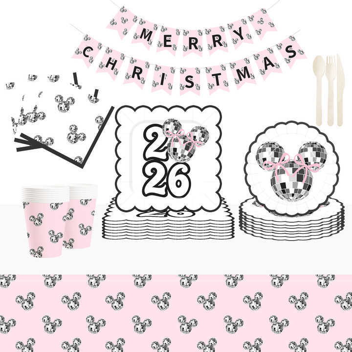 DAMAI New Style pink Silver 2026 New Year Paper Plate Set Include Mickey Mouse Pattern Paper Plate and Cup for New Year Party
