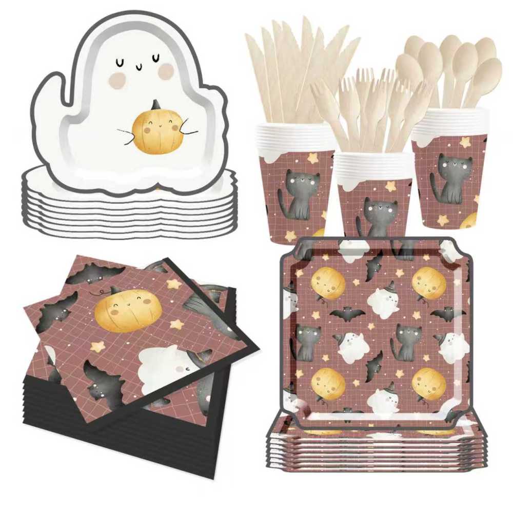 DAMAI Halloween Party Supplies Halloween Paper Plates Cups Napkins Party Disposable Tableware Set Birthday Favor for 8 Guests