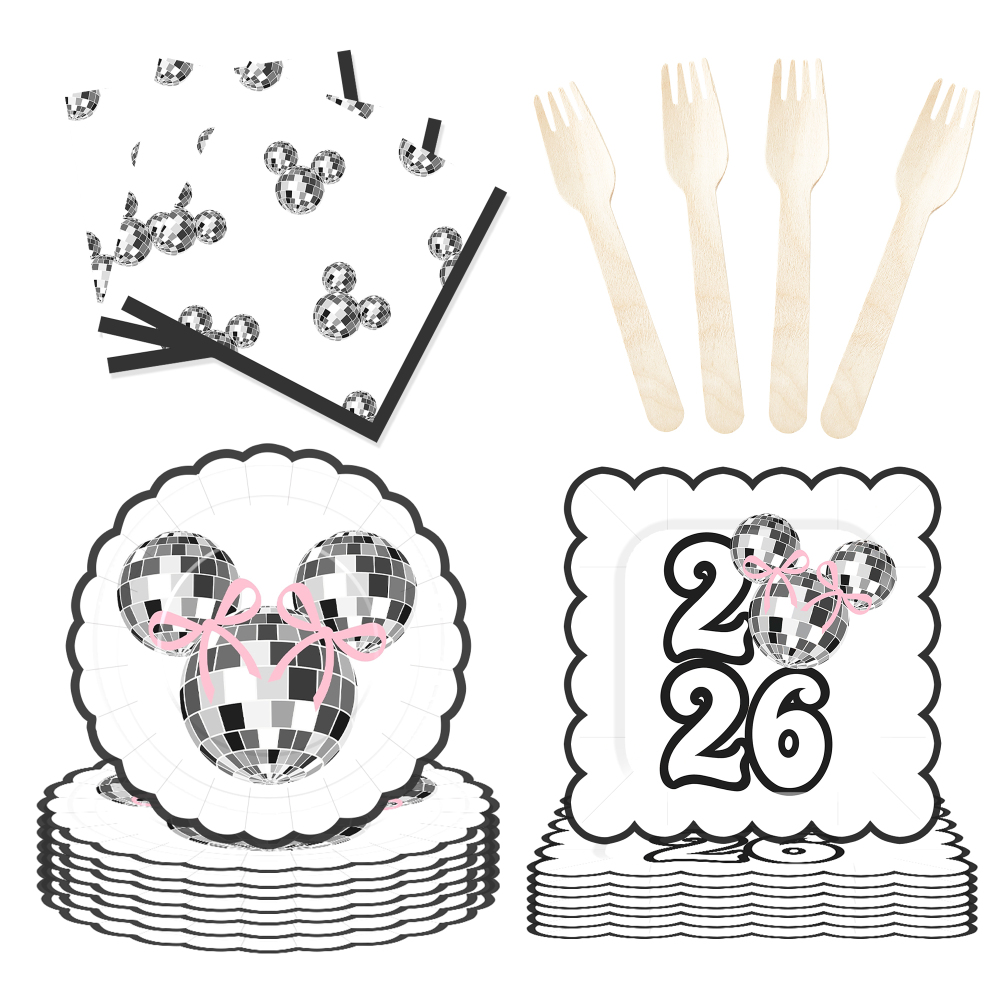 DAMAI New Style pink Silver 2026 New Year Paper Plate Set Include Mickey Mouse Pattern Paper Plate and Cup for New Year Party