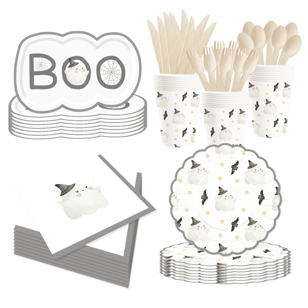 DAMAI Halloween Party Supplies Halloween Paper Plates Cups Napkins Party Disposable Tableware Set Birthday Favor for 8 Guests
