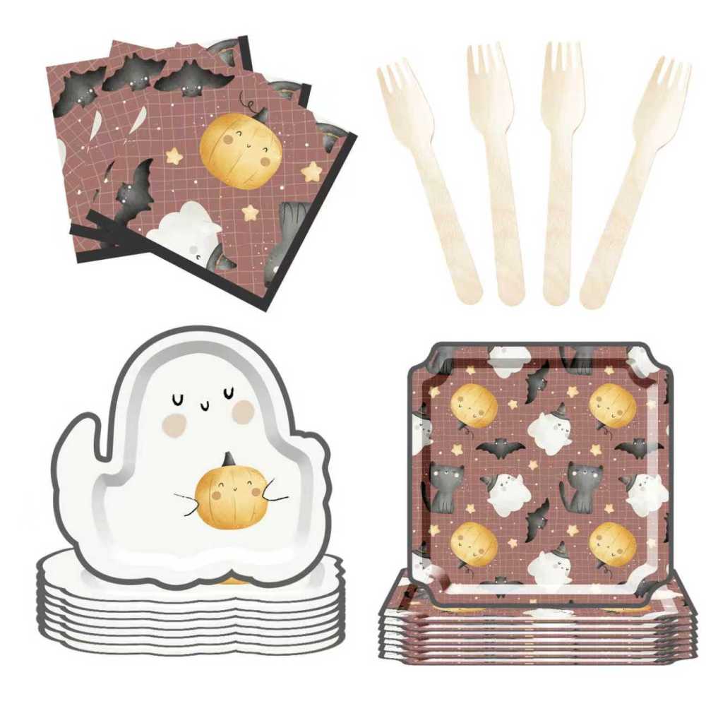 DAMAI Halloween Party Supplies Halloween Paper Plates Cups Napkins Party Disposable Tableware Set Birthday Favor for 8 Guests