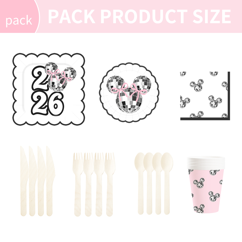 DAMAI New Style pink Silver 2026 New Year Paper Plate Set Include Mickey Mouse Pattern Paper Plate and Cup for New Year Party