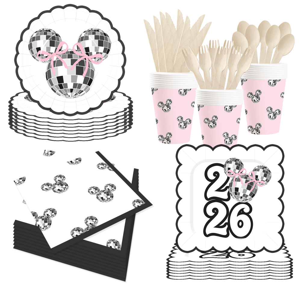 DAMAI New Style pink Silver 2026 New Year Paper Plate Set Include Mickey Mouse Pattern Paper Plate and Cup for New Year Party