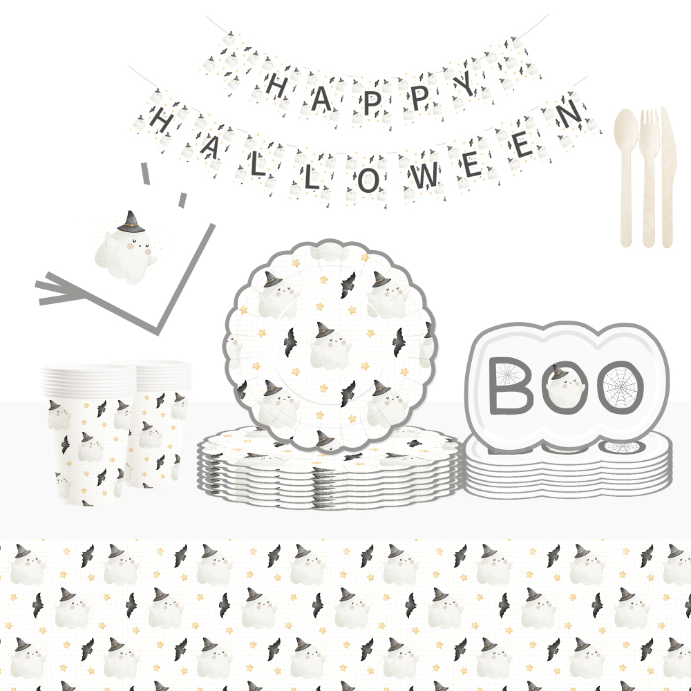 DAMAI Halloween Party Supplies Halloween Paper Plates Cups Napkins Party Disposable Tableware Set Birthday Favor for 8 Guests