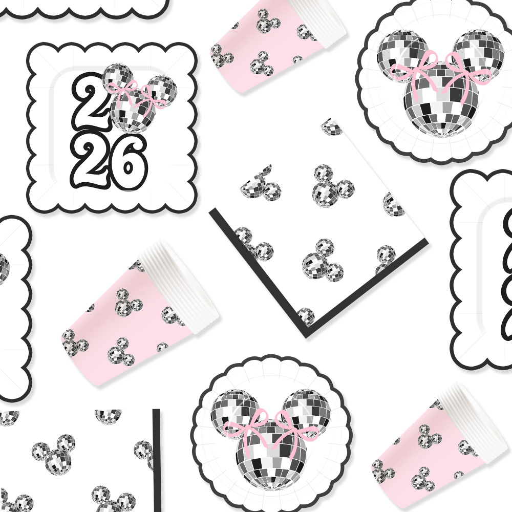 DAMAI New Style pink Silver 2026 New Year Paper Plate Set Include Mickey Mouse Pattern Paper Plate and Cup for New Year Party