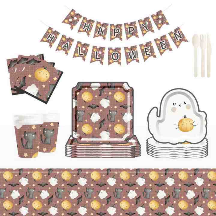 DAMAI Halloween Party Supplies Halloween Paper Plates Cups Napkins Party Disposable Tableware Set Birthday Favor for 8 Guests