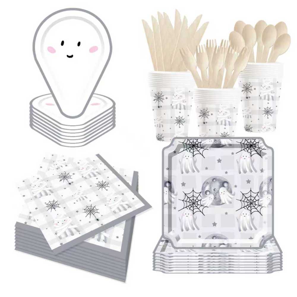 DAMAI Halloween Party Supplies Halloween Paper Plates Cups Napkins Party Disposable Tableware Set Birthday Favor for 8 Guests