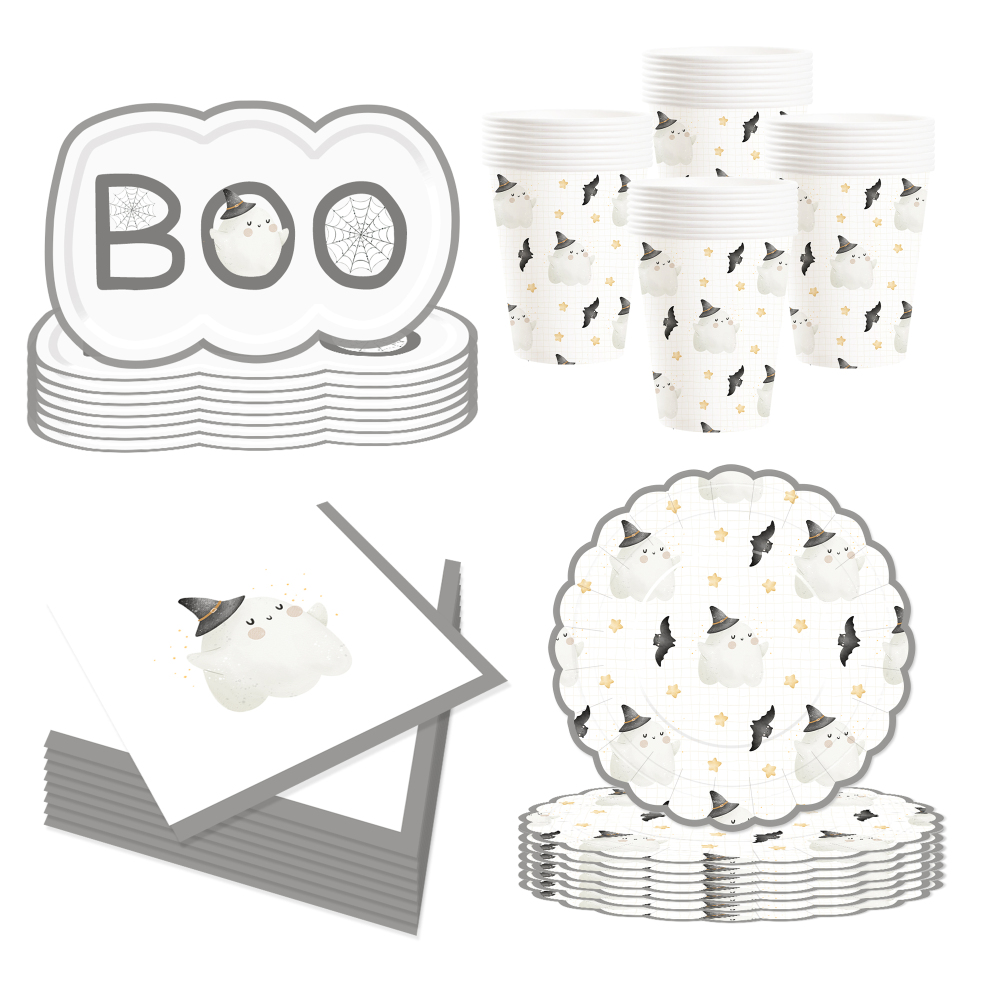 DAMAI Halloween Party Supplies Halloween Paper Plates Cups Napkins Party Disposable Tableware Set Birthday Favor for 8 Guests