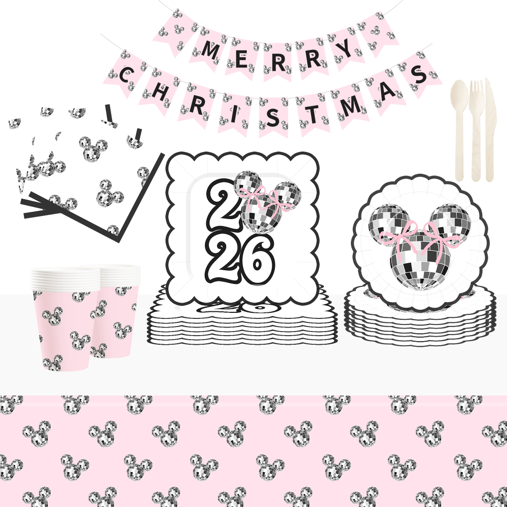 DAMAI New Style pink Silver 2026 New Year Paper Plate Set Include Mickey Mouse Pattern Paper Plate and Cup for New Year Party