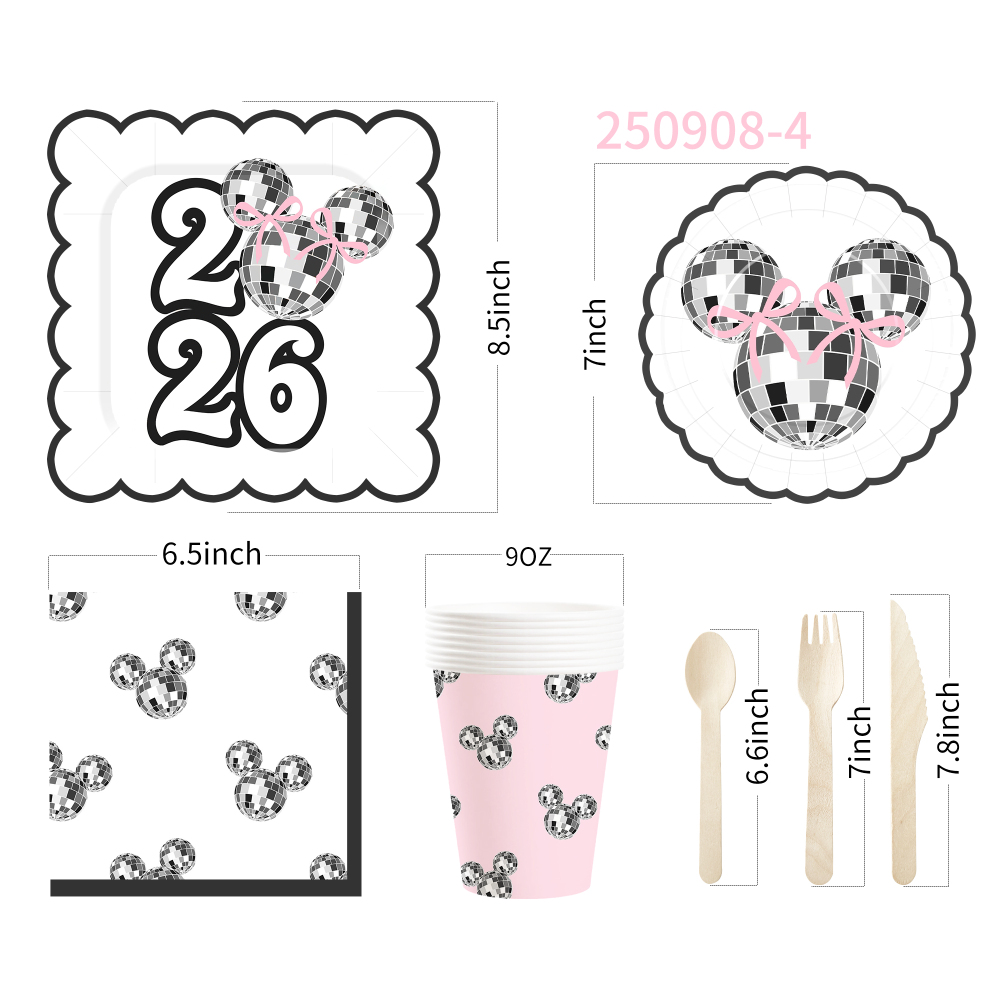 DAMAI New Style pink Silver 2026 New Year Paper Plate Set Include Mickey Mouse Pattern Paper Plate and Cup for New Year Party