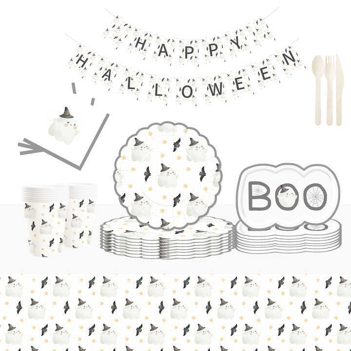 DAMAI Halloween Party Supplies Halloween Paper Plates Cups Napkins Party Disposable Tableware Set Birthday Favor for 8 Guests