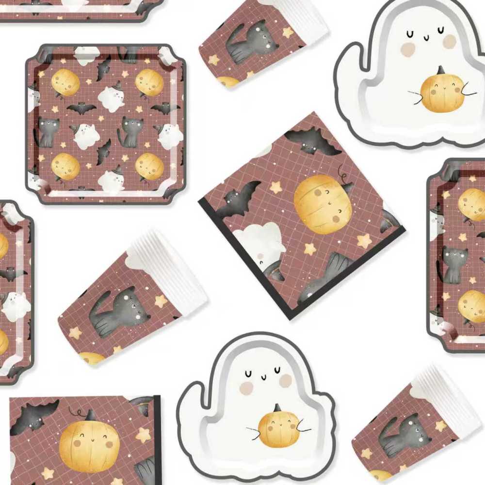 DAMAI Halloween Party Supplies Halloween Paper Plates Cups Napkins Party Disposable Tableware Set Birthday Favor for 8 Guests