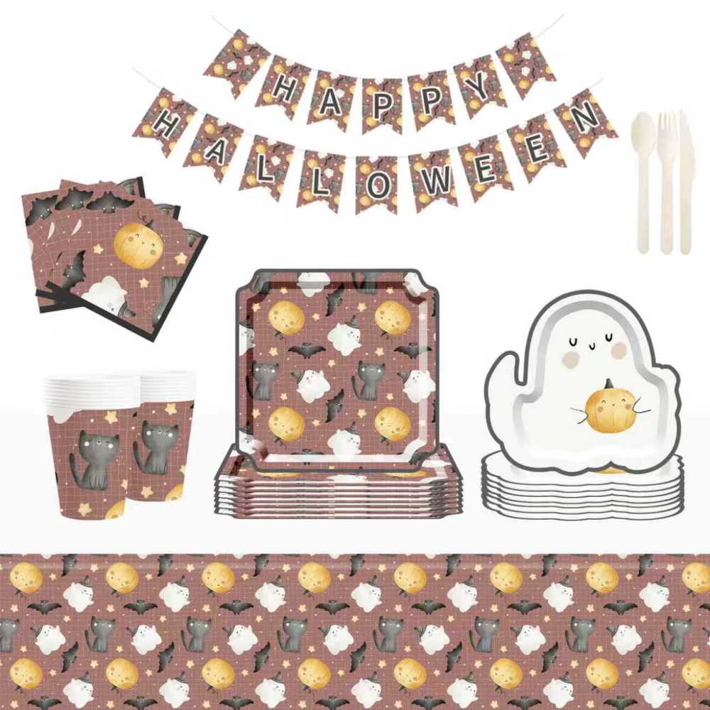 DAMAI Halloween Party Supplies Halloween Paper Plates Cups Napkins Party Disposable Tableware Set Birthday Favor for 8 Guests