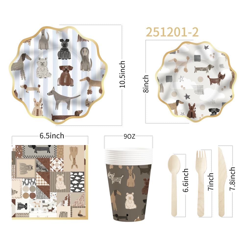DAMAI Brown Wave-patterned Border Dog-themed Disposable Paper Plates and Cups for Birthday Celebration