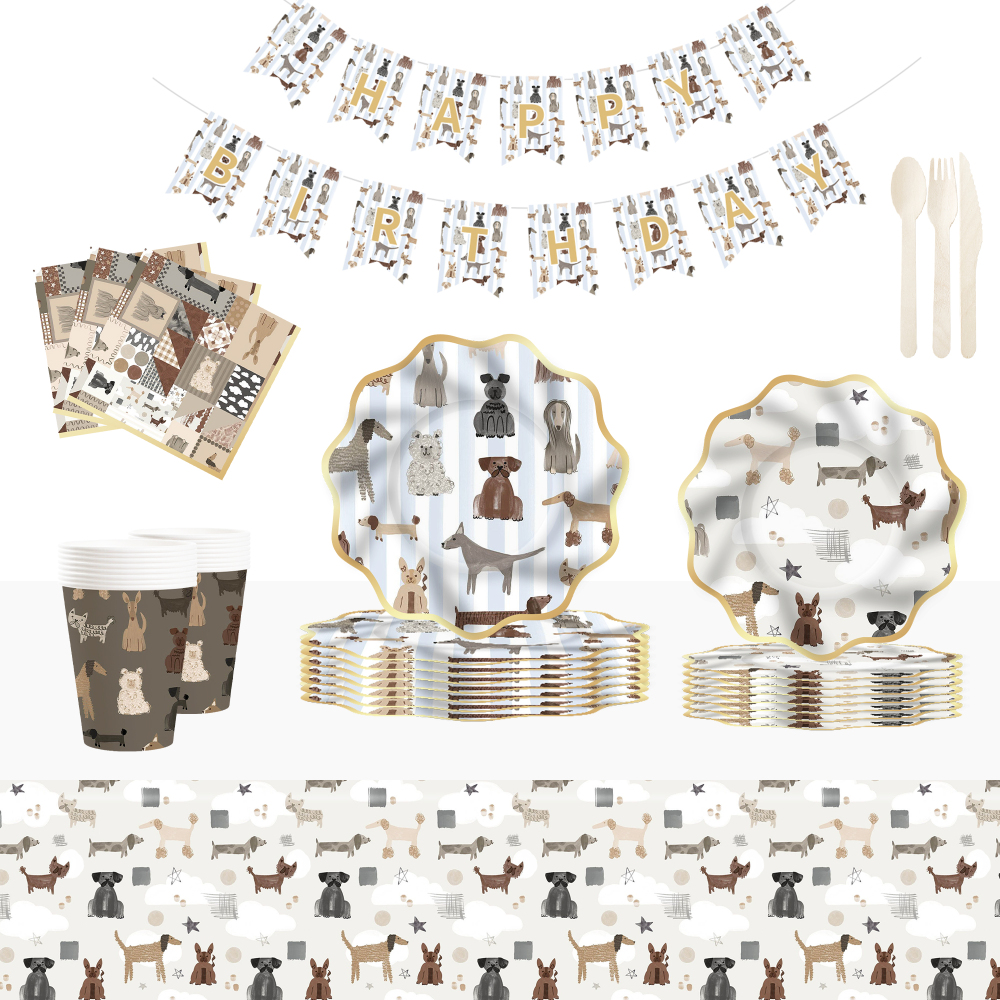 DAMAI Brown Wave-patterned Border Dog-themed Disposable Paper Plates and Cups for Birthday Celebration