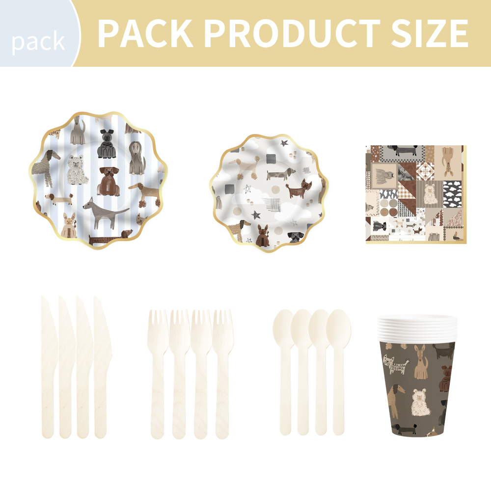 DAMAI Brown Wave-patterned Border Dog-themed Disposable Paper Plates and Cups for Birthday Celebration