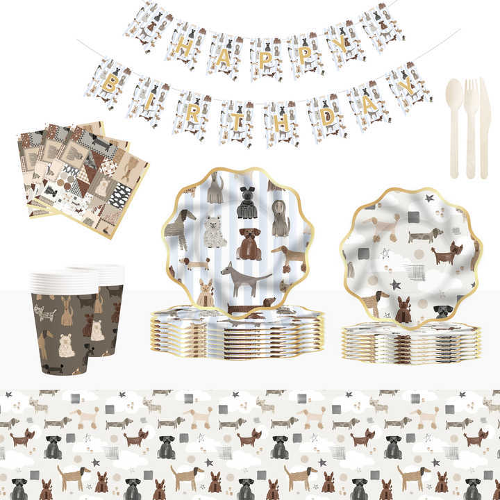 DAMAI Brown Wave-patterned Border Dog-themed Disposable Paper Plates and Cups for Birthday Celebration