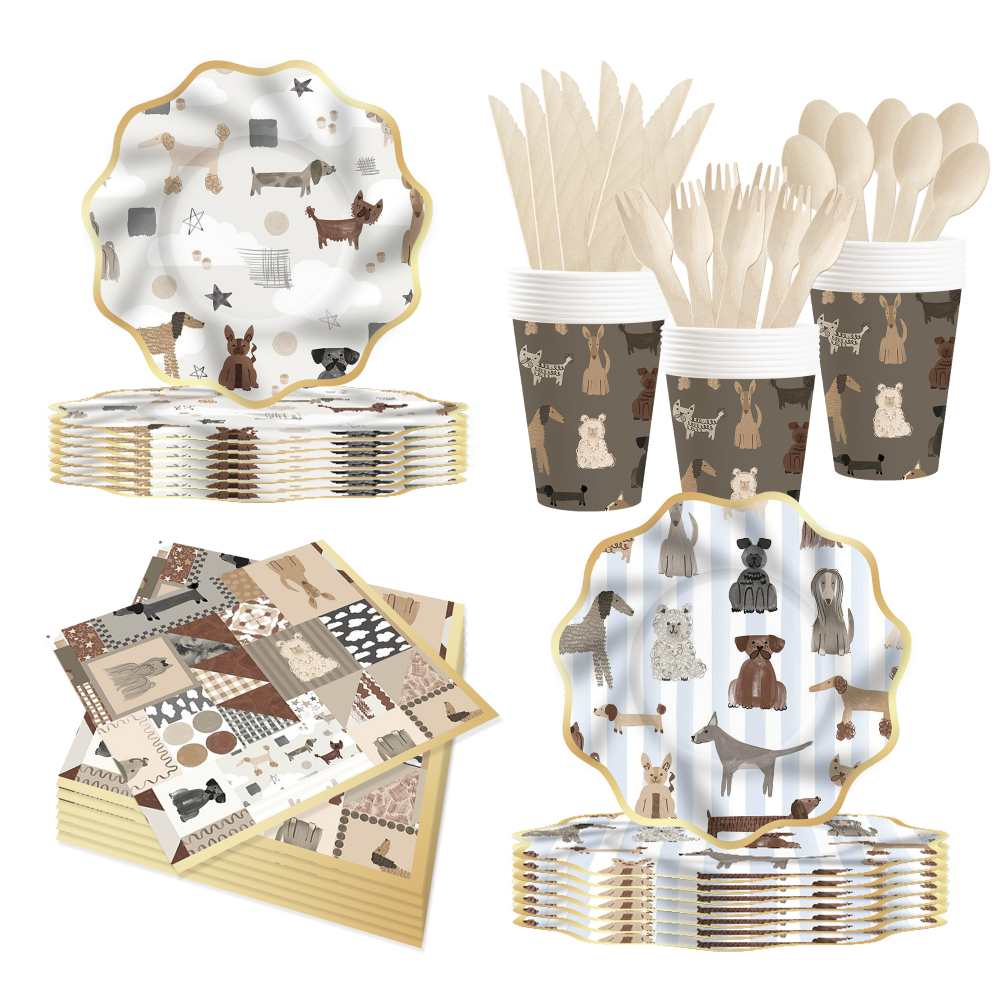 DAMAI Brown Wave-patterned Border Dog-themed Disposable Paper Plates and Cups for Birthday Celebration