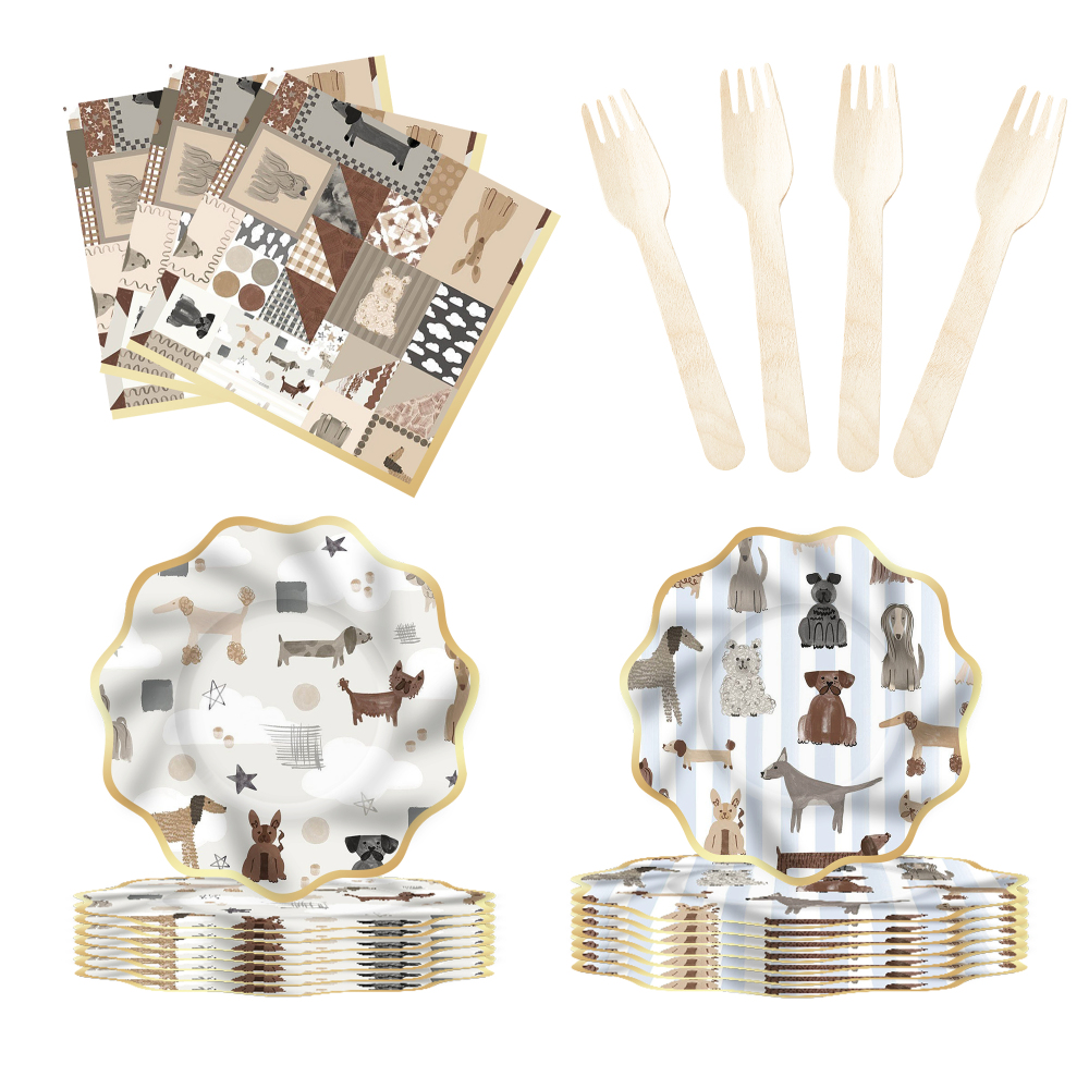 DAMAI Brown Wave-patterned Border Dog-themed Disposable Paper Plates and Cups for Birthday Celebration