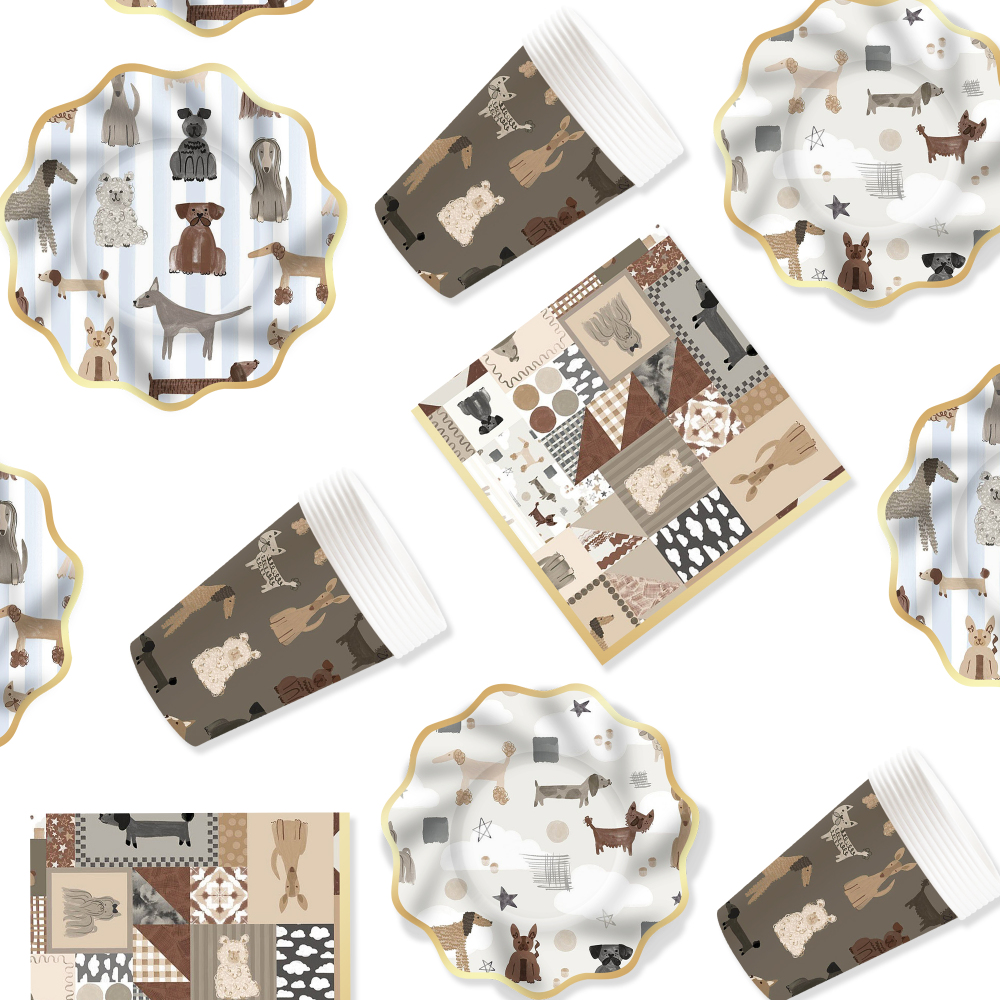 DAMAI Brown Wave-patterned Border Dog-themed Disposable Paper Plates and Cups for Birthday Celebration