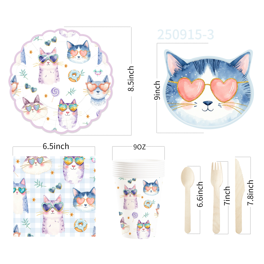 DAMAI Pet Party Tableware Set with Cats Elements Includes Disposable Paper Plates Napkins Cups for Cats Birthday Party