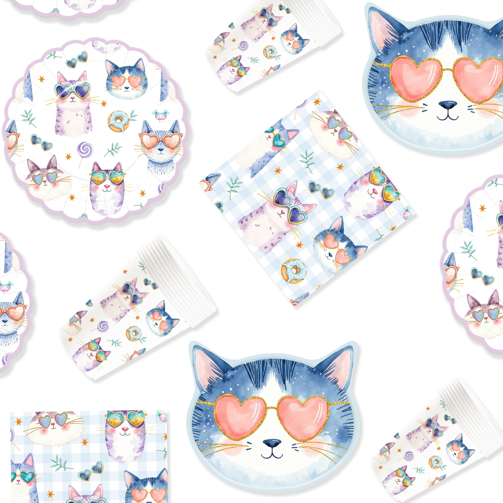 DAMAI Pet Party Tableware Set with Cats Elements Includes Disposable Paper Plates Napkins Cups for Cats Birthday Party