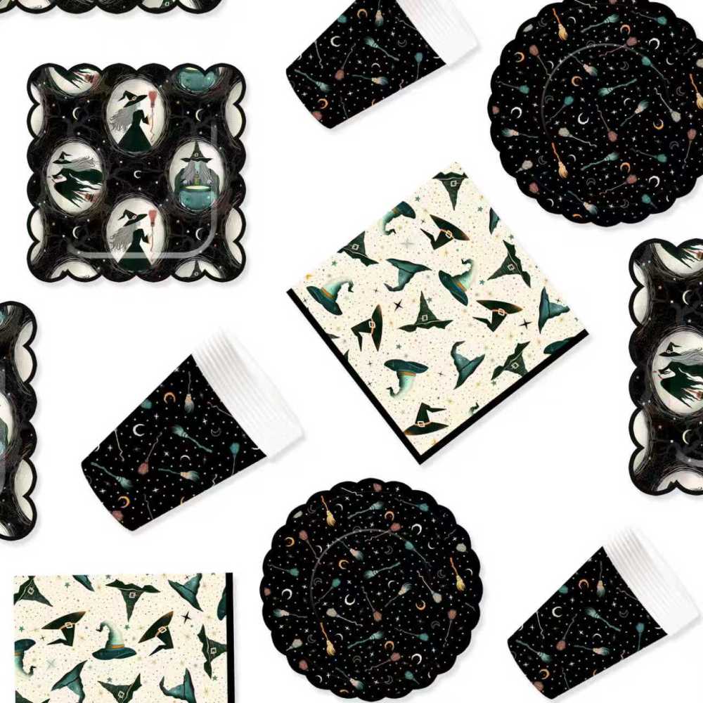 DAMAI Halloween Party Supplies Halloween Paper Plates Napkins Party Disposable Tableware Set Birthday Favor for Halloween Party