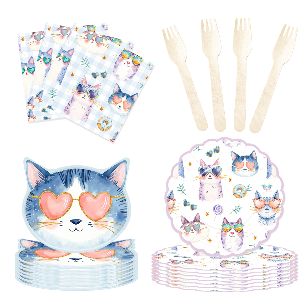 DAMAI Pet Party Tableware Set with Cats Elements Includes Disposable Paper Plates Napkins Cups for Cats Birthday Party