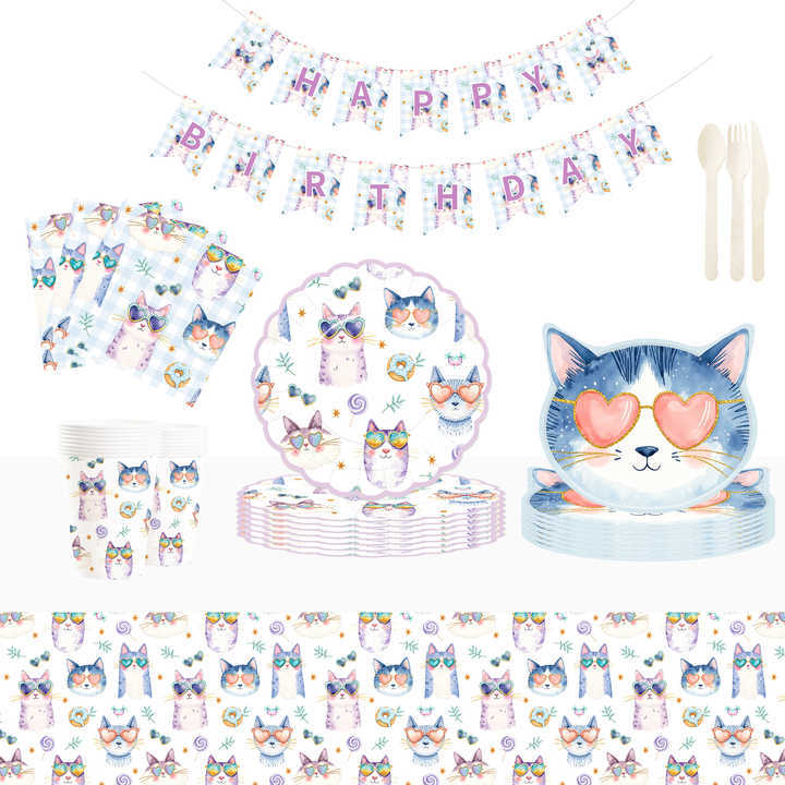 DAMAI Pet Party Tableware Set with Cats Elements Includes Disposable Paper Plates Napkins Cups for Cats Birthday Party