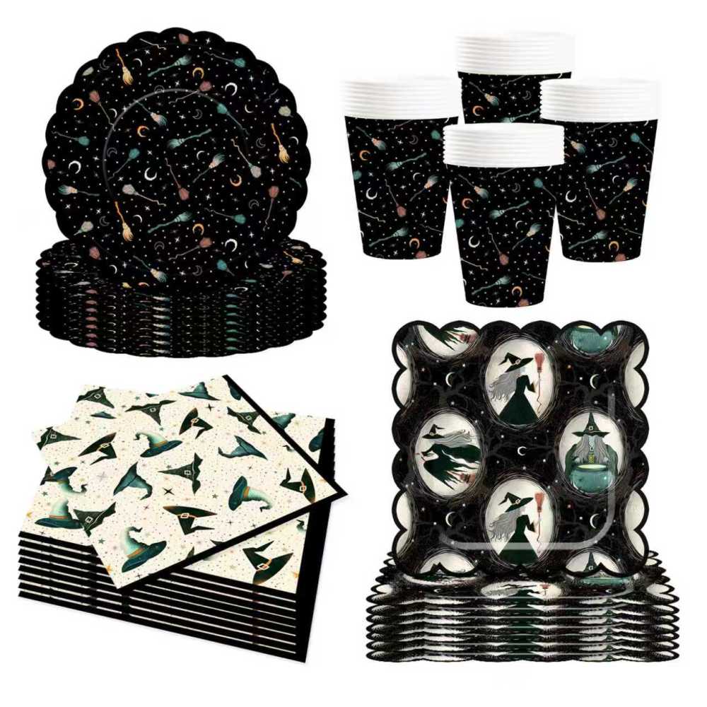 DAMAI Halloween Party Supplies Halloween Paper Plates Napkins Party Disposable Tableware Set Birthday Favor for Halloween Party