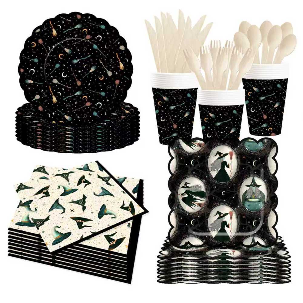 DAMAI Halloween Party Supplies Halloween Paper Plates Napkins Party Disposable Tableware Set Birthday Favor for Halloween Party