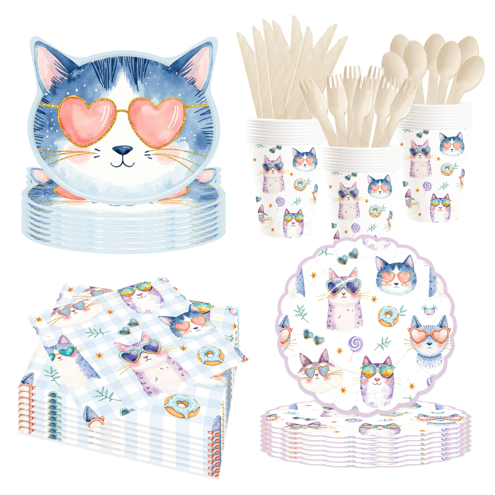 DAMAI Pet Party Tableware Set with Cats Elements Includes Disposable Paper Plates Napkins Cups for Cats Birthday Party