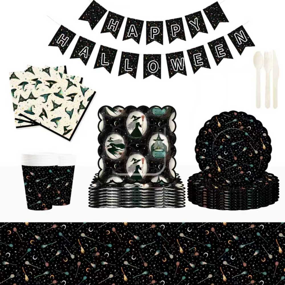 DAMAI Halloween Party Supplies Halloween Paper Plates Napkins Party Disposable Tableware Set Birthday Favor for Halloween Party