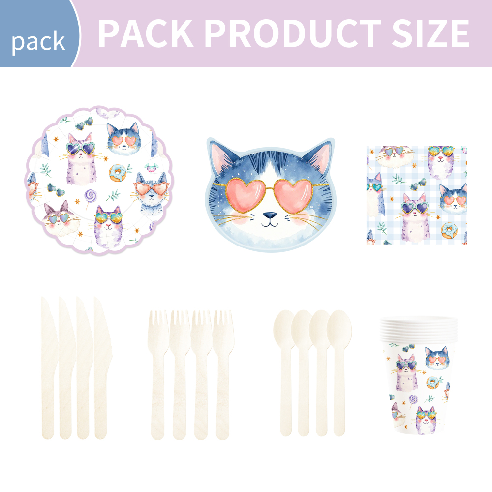 DAMAI Pet Party Tableware Set with Cats Elements Includes Disposable Paper Plates Napkins Cups for Cats Birthday Party