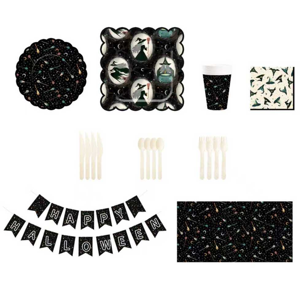 DAMAI Halloween Party Supplies Halloween Paper Plates Napkins Party Disposable Tableware Set Birthday Favor for Halloween Party