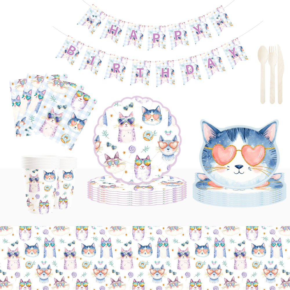 DAMAI Pet Party Tableware Set with Cats Elements Includes Disposable Paper Plates Napkins Cups for Cats Birthday Party