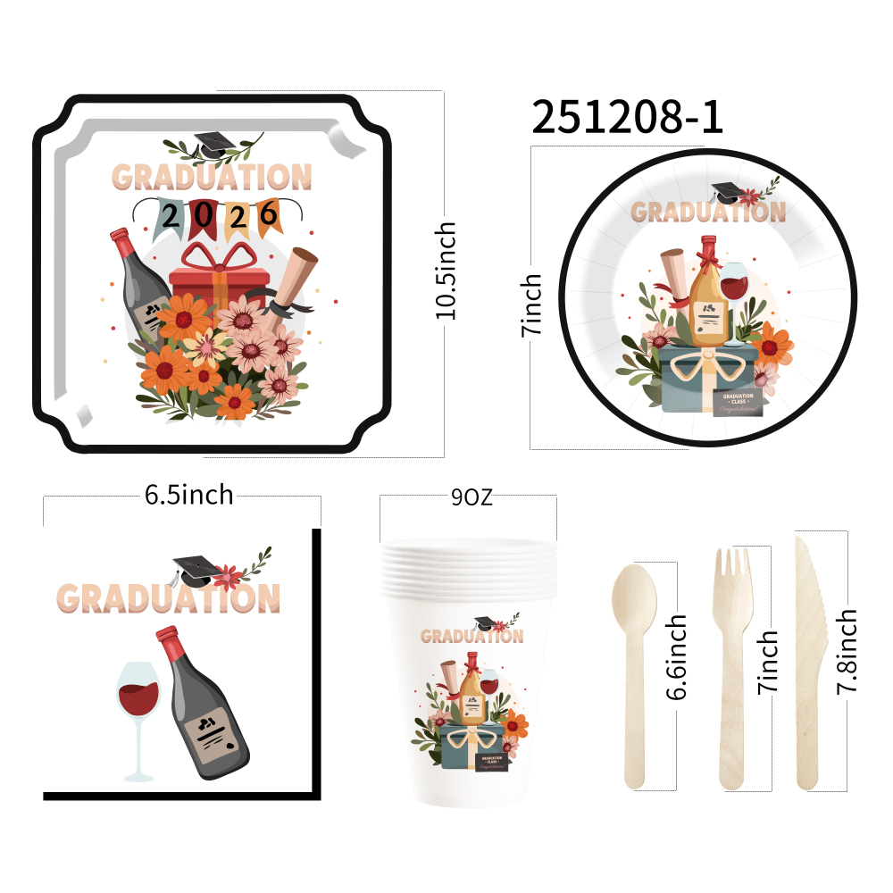 DAMAI New Disposable square Plate Set with Red Wine Elements for Graduation Season Themed Party