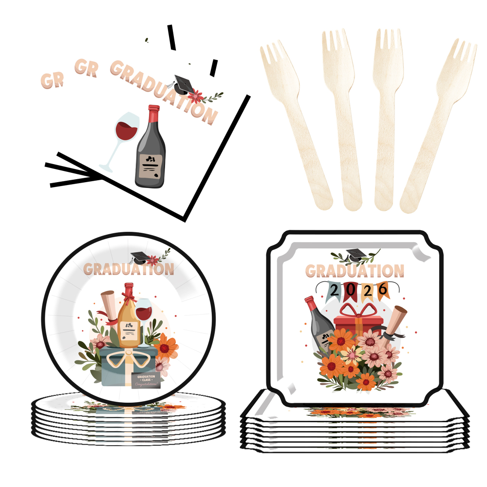 DAMAI New Disposable square Plate Set with Red Wine Elements for Graduation Season Themed Party