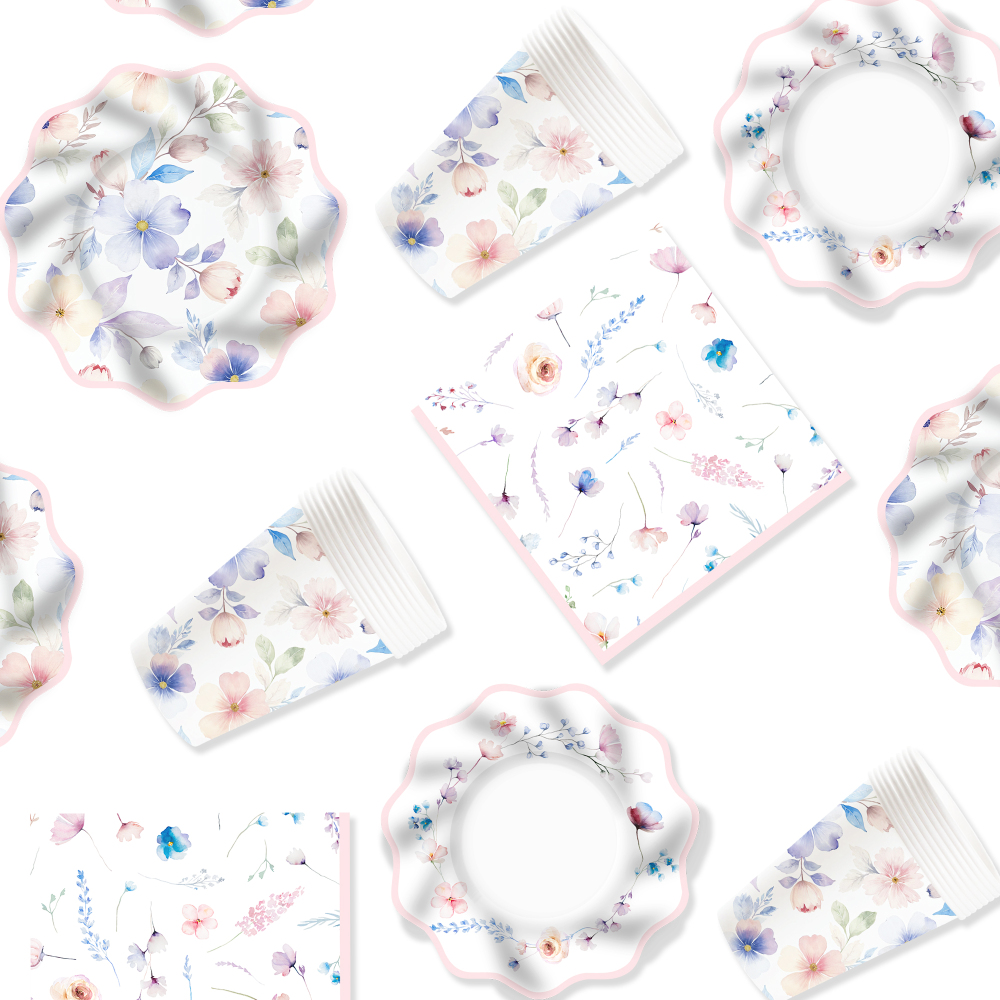 DAMAI New Disposable Wave-edge Spring-themed Tea Party Partyware Set Floral Elements Paper Plate