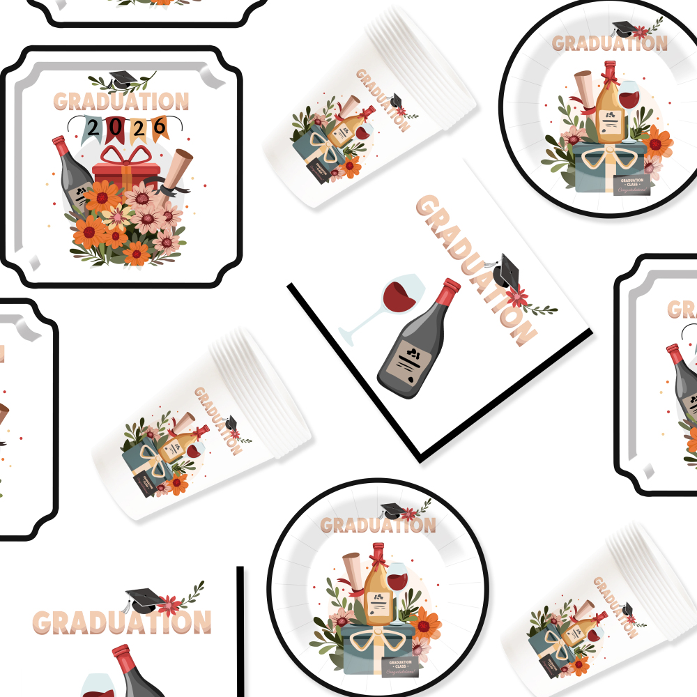 DAMAI New Disposable square Plate Set with Red Wine Elements for Graduation Season Themed Party
