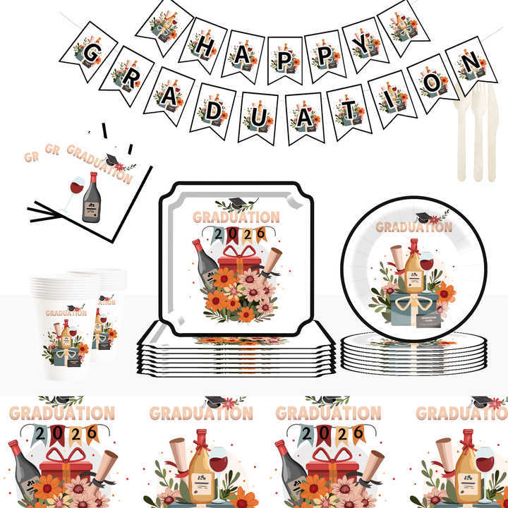 DAMAI New Disposable square Plate Set with Red Wine Elements for Graduation Season Themed Party