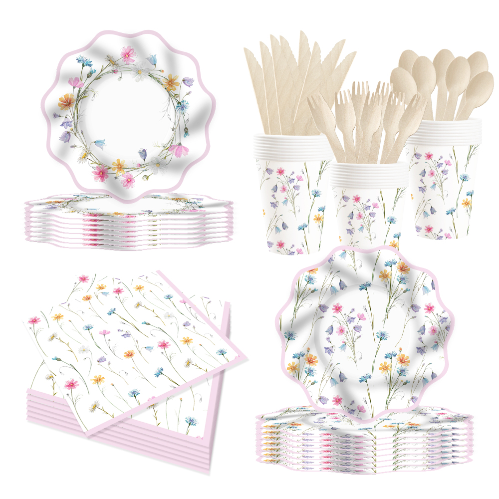 DAMAI New Disposable Wave-edge Spring-themed Tea Party Floral Elements Partyware Set