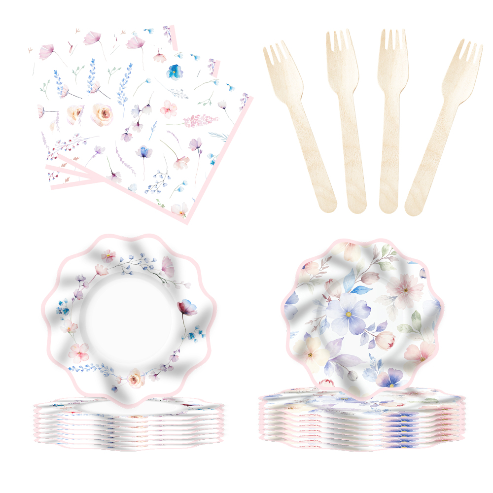 DAMAI New Disposable Wave-edge Spring-themed Tea Party Partyware Set Floral Elements Paper Plate