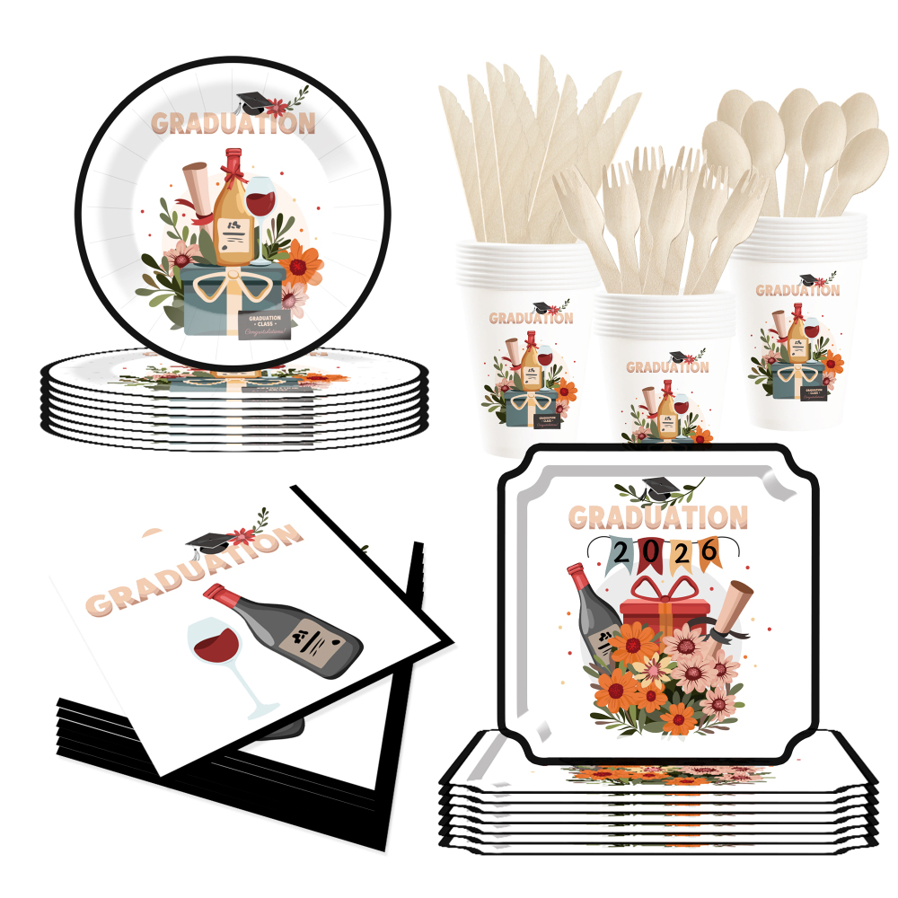 DAMAI New Disposable square Plate Set with Red Wine Elements for Graduation Season Themed Party